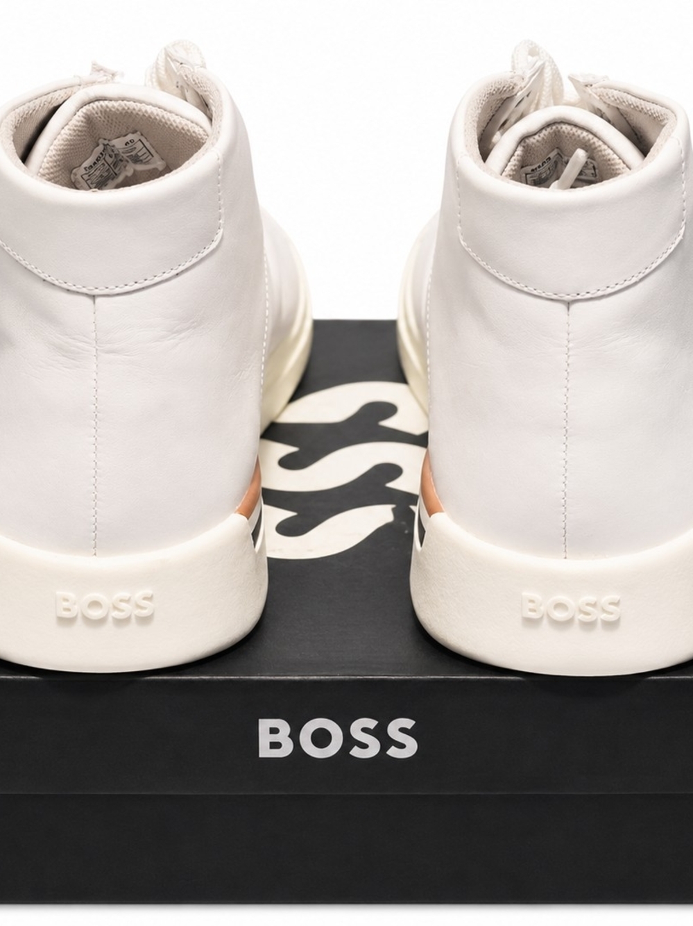 Hugo Boss White Leather High-Top Sneakers with Black and Tan Accents - Picture 4 of 8